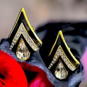 Vintage Monet black enamel gold crystal art deco triangle clip Earrings